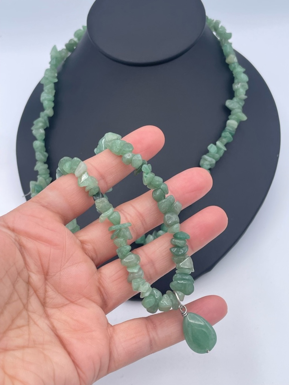 Green Aventurine Chip Long Bead Necklace with Teardrop Pendant Natural Gemstone